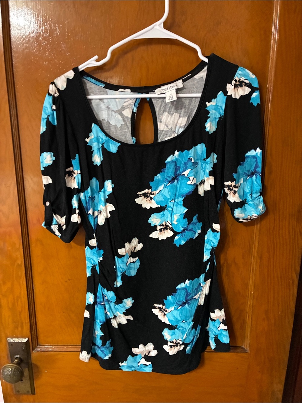 #4 - White House Black Market Black Top with Blue & White Floral Print